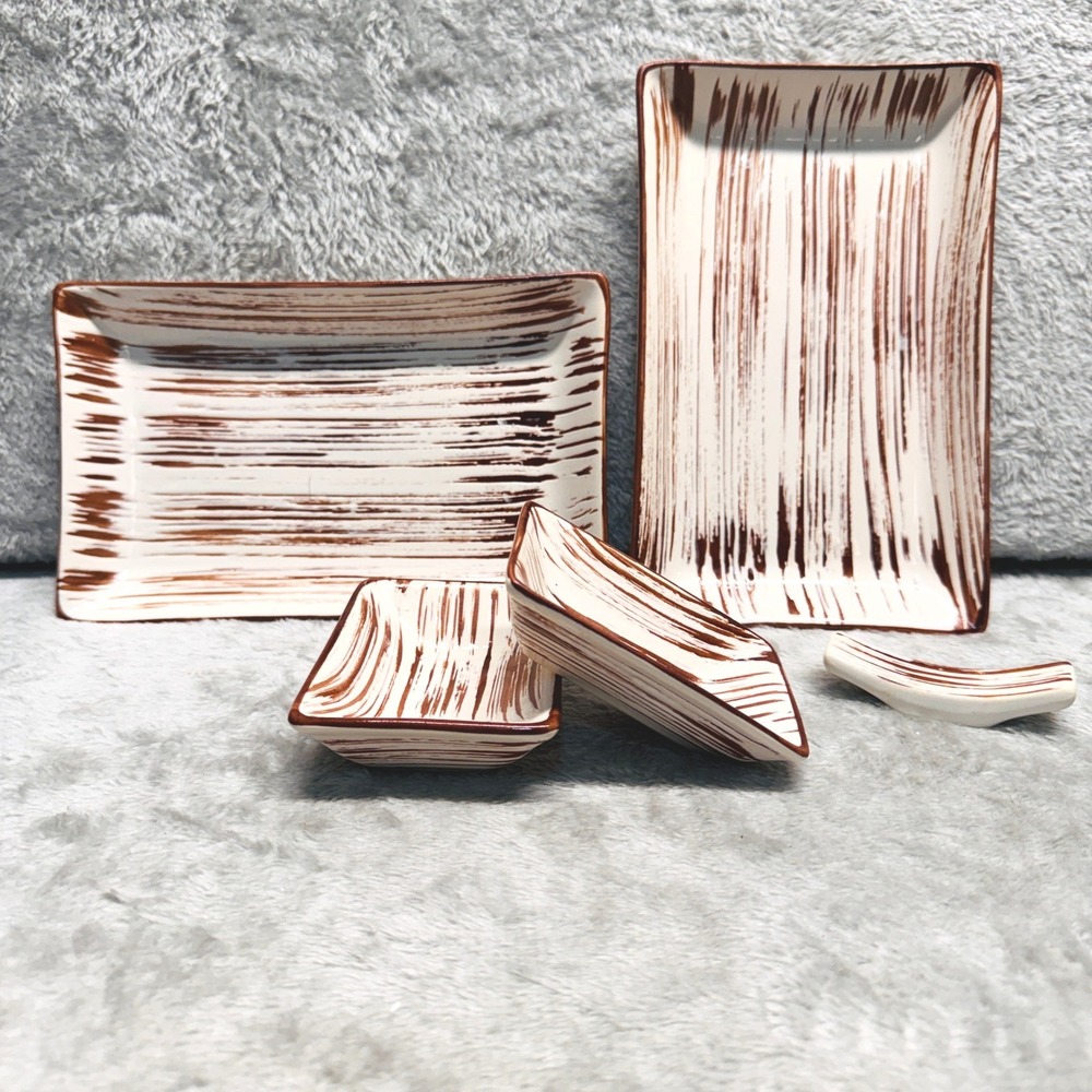 Pier‎ 1 Sushi Serving Set Stoneware Platters Dishes Brown Cream Suki Brushstroke